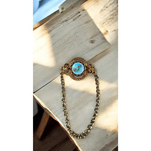 Mid-Century Painted Enamel Floral Brooch Ornate Gold Frame with Chain Drape - Picture 1 of 5